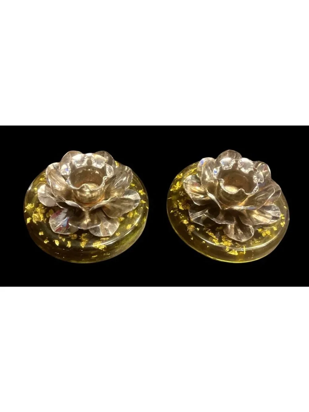 Vtg MCM '70s Candle Holders Set Of 2 Green Lucite Base Silver Flower Top